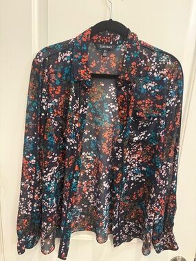 Ellen Tracy Black Sheer Floral Blouse with Teal, Coral & White.